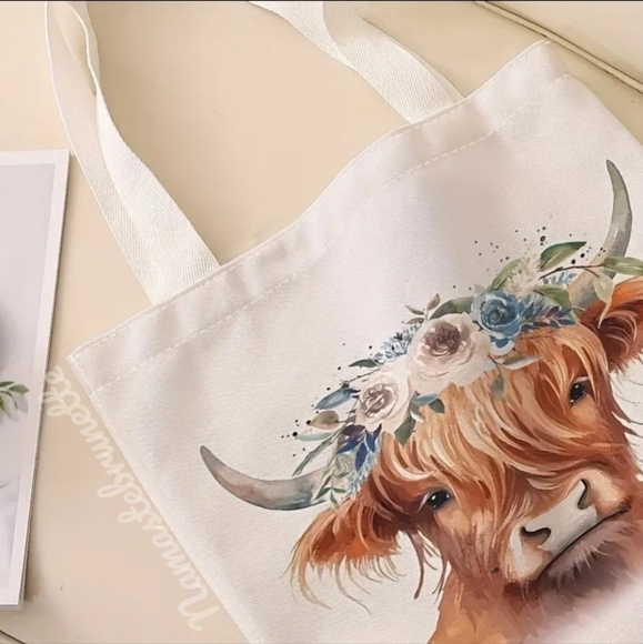 Boho Highland Cow With Flowers Tote Bag - Picture 1 of 12